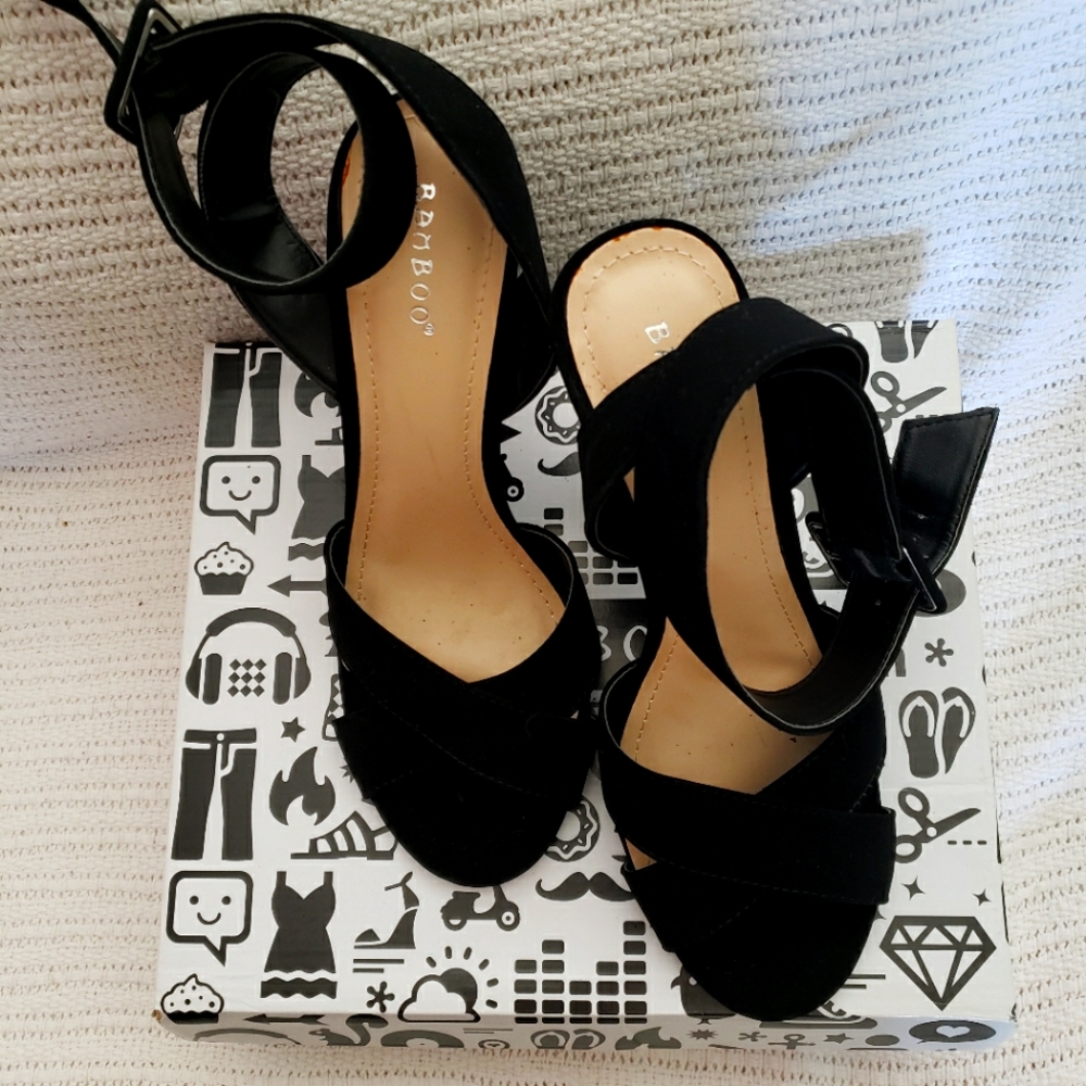 Women's Shoes Bamboo Open Toe Block Heel Sandals Black Nubuck Size 10